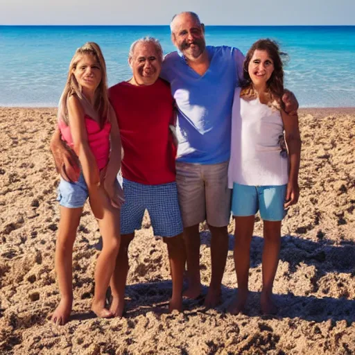 Prompt: a happy family group of people standing on top of a sandy beach, a stock photo by demetrios farmakopoulos, shutterstock contest winner, verdadism, stockphoto, stock photo, photo taken with ektachrome, realistic shaded perfect face, realistic shaded lighting, 8 k ultra realistic