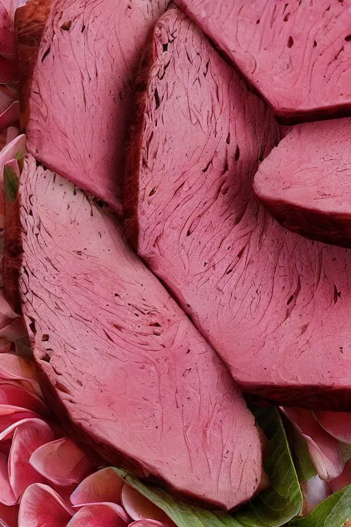 Image similar to ultra realistic illustration, portrait of a pink sliced roast-beef plumeria tropical bouquet background, close up shot, fantasy, intricate, elegant, highly detailed, digital painting, artstation, concept art, smooth, sharp focus, illustration, surrealism