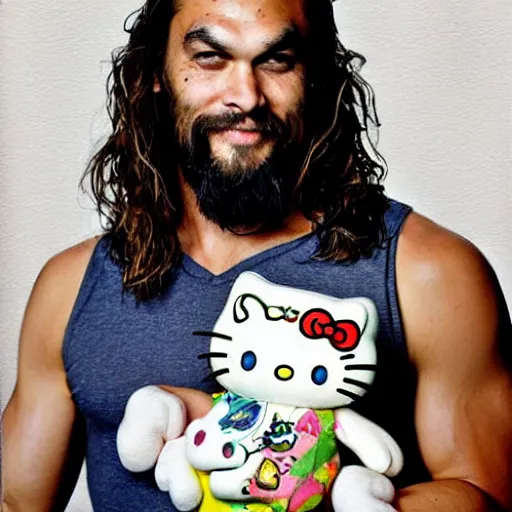 Image similar to Jason Momoa holding a Hello Kitty plushie, lowbrow painting by Mark Ryden