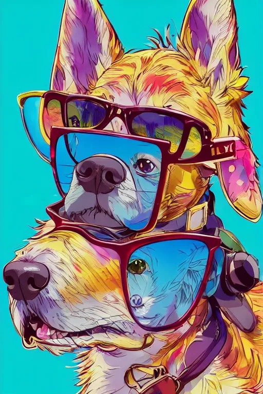 Prompt: maximalist joyful dog, sunglasses, pixiv fanbox, makoto shinkai takashi takeuchi studio ghibli, akihiko yoshida, yoshitaka amano, wangechi mutu, clean cel shaded vector art. shutterstock. behance hd by lois van baarle, artgerm, helen huang, rossdraws, illustration