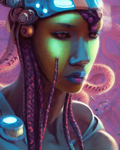 Image similar to muted, minimal, african plains, a cyberpunk close up portrait of cyborg medusa, electricity, snakes in hair, sparks, bokeh, soft focus, skin tones, warm, sky blue, daylight, by paul lehr, jesper ejsing
