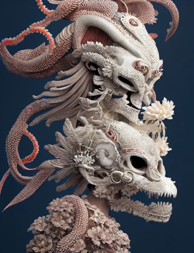 Image similar to 3 d goddess close - up profile portrait ram skull. beautiful intricately detailed japanese crow kitsune mask and clasical japanese kimono. betta fish, jellyfish phoenix, bio luminescent, plasma, ice, water, wind, creature, artwork by tooth wu and wlop and beeple and greg rutkowski