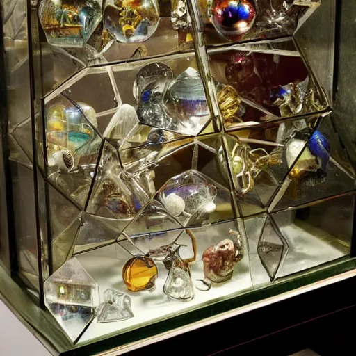 Prompt: an all-glass polyhedral cabinet of curiosities