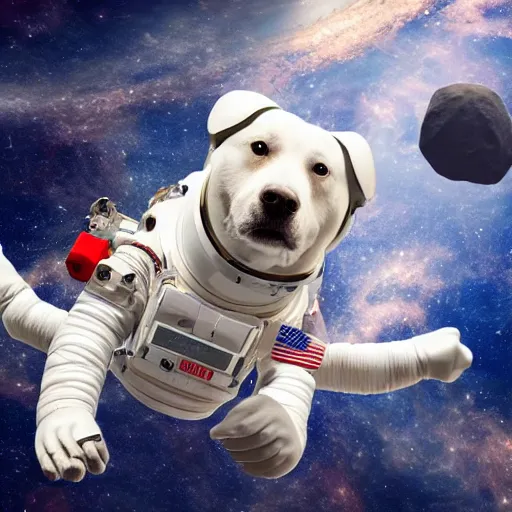 Prompt: astronaut dog floating in space connected to a space station with stars and asteroids in the background, high resolution, photorealistic, photo, 8k