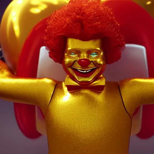 Image similar to A still of Ronald McDonald surrounded by gold and diamonds, Award-winning, photograph, 3d render, unreal engine, 4k detailed