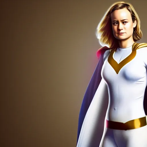 Image similar to Brie Larson as DC Comics' Power Girl, full body with white costume and cape and chest, photo, 4k