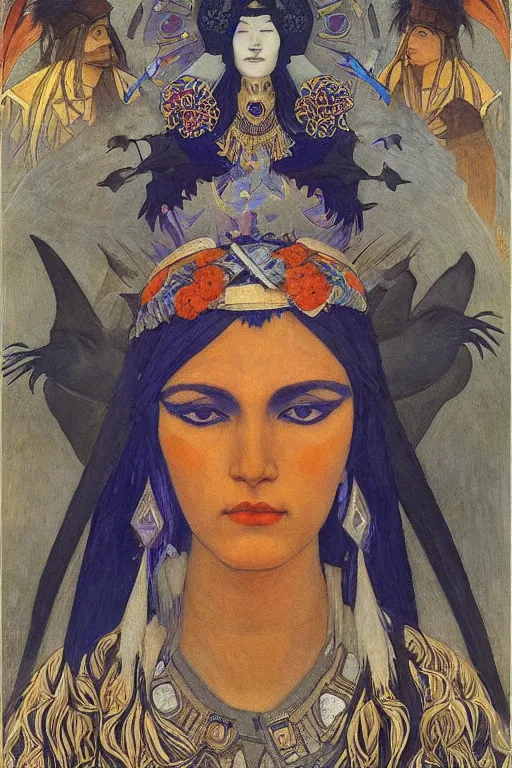 Image similar to queen of the crows with stars in her hair by Nicholas Roerich and Annie Swynnerton and Diego Rivera and jean delville and Carl Larsson, dramatic cinematic lighting , silver jewelry, ornate headdress, flowing robes, sacred artifacts, lost civilizations, smooth, sharp focus, extremely detailed