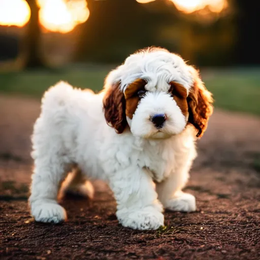 Image similar to a bernedoodle puppy at golden hour, bokeh, 3 2 megapixel