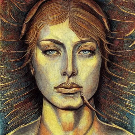 Image similar to beautiful face jeanne d'arc in the style of william blake, terese nielsen, isolde