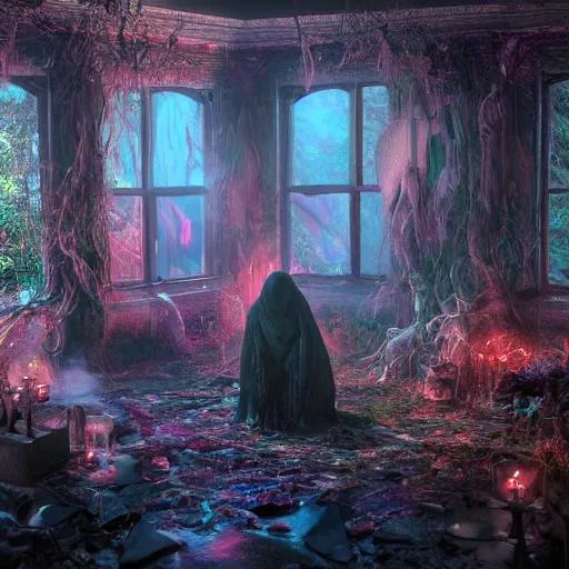 Image similar to Photorealistic cinematic witch ritual. Hyperdetailed photorealism, 108 megapixels, amazing depth, glowing rich colors, powerful imagery, psychedelic Overtones, 3D finalrender, 3d shading, cinematic lighting, artstation concept art