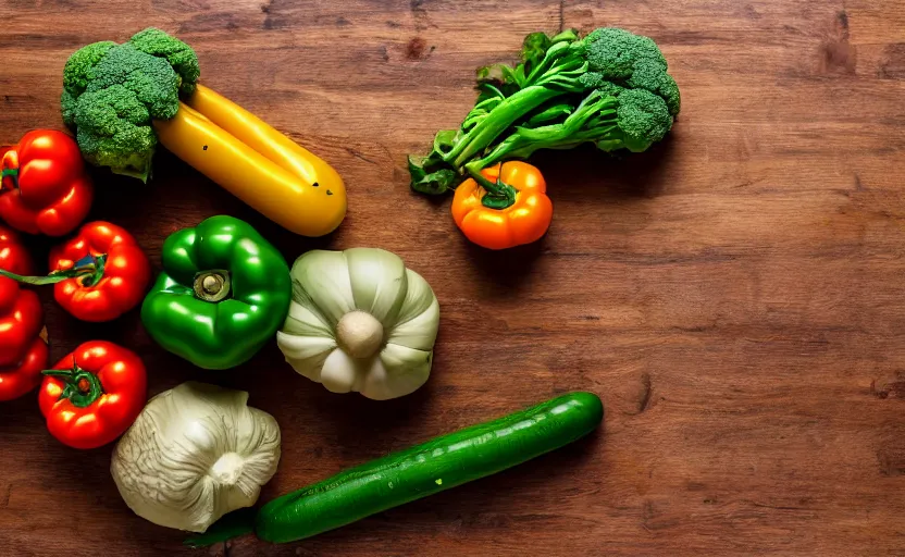 Image similar to top view of vegetables on wooden table, natural light, cinematic lighting, 8 k