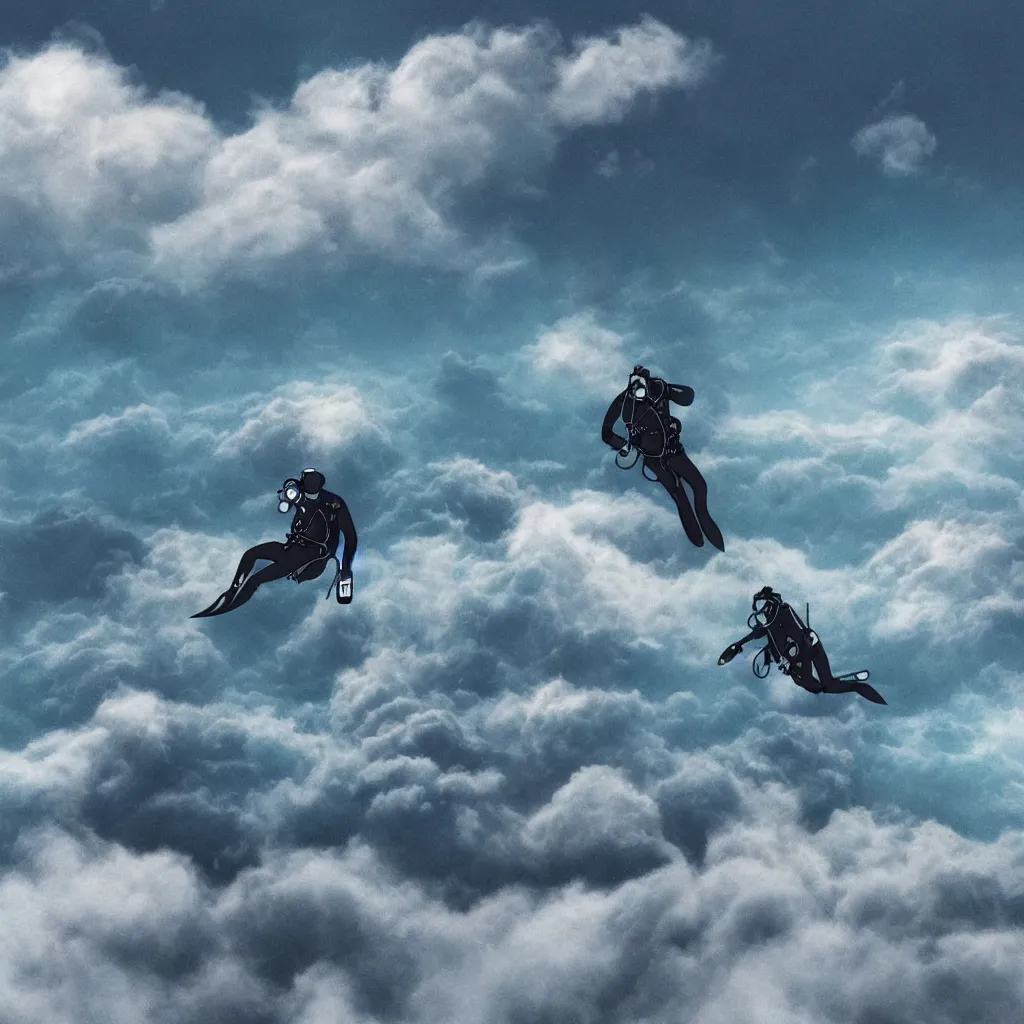 Image similar to a scubadiver floating above the clouds, digital illustration