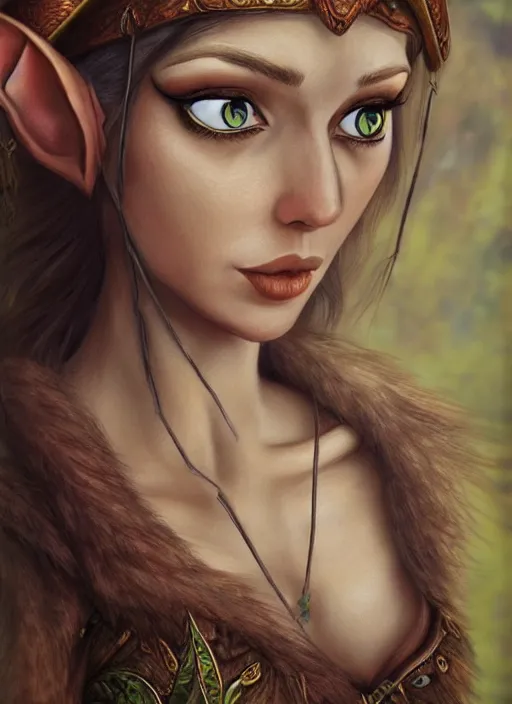 Image similar to portrait of a beautiful female elf, realistic, highly detailed