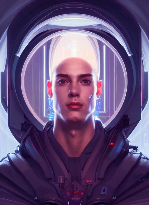 Prompt: symmetry!! portrait of male engineer, tech wear, scifi, glowing lights!! intricate elegant, highly detailed, digital painting, artstation, concept art, smooth, sharp focus, illustration, art by artgerm and greg rutkowski and alphonse mucha
