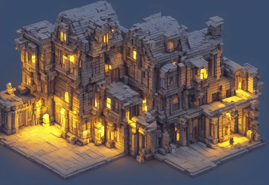 Image similar to magicavoxel house, magicavoxel cinematic lighting, 4k