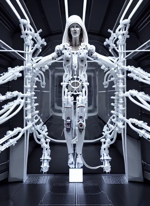 Image similar to dark high detailed space station interior a statue jesus on cross made of white marble, perfect symmetrical body, full body shot, inflateble shapes, wires, tubes, veins, jellyfish, white biomechanical details, wearing epic bionic cyborg implants, masterpiece, intricate, biopunk, vogue, highly detailed, artstation, concept art, cyberpunk, octane render
