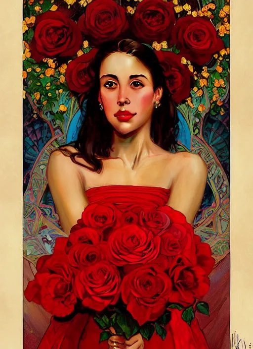 Prompt: portrait of a beautiful young spanish woman wearing a red salsa dress, beautiful symmetrical face. roses. fantasy, regal, by stanley artgerm lau, greg rutkowski, thomas kindkade, alphonse mucha, loish, norman rockwell.