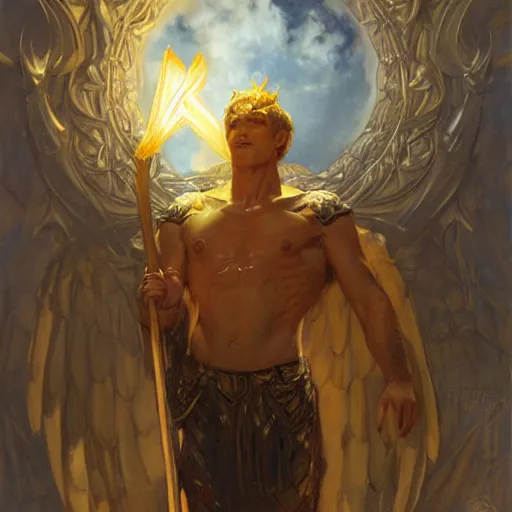 Image similar to attractive male deity casts light spell, summons attractive male lucifer morningstar. highly detailed painting by gaston bussiere, craig mullins, j. c. leyendecker 8 k