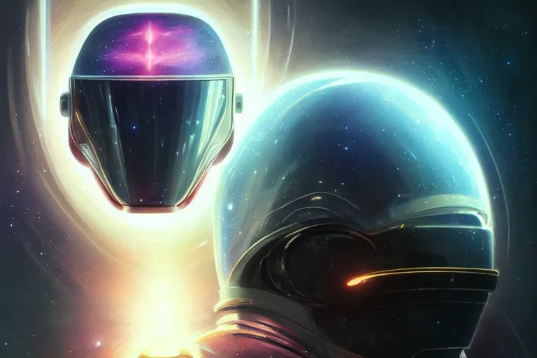 Image similar to Portrait of a Futuristic reflective spacesuit visor mirror spacesuit reflecting a nebula supernova in space, portrait, elegant, intricate, digital painting, artstation, concept art, smooth, sharp focus, illustration, art by artgerm and greg rutkowski and alphonse mucha