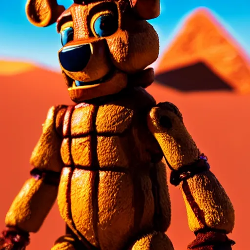 Image similar to Closeup of Freddy Fazbear in the Sahara desert, award winning Tarantino movie still, 35 mm, cinematic