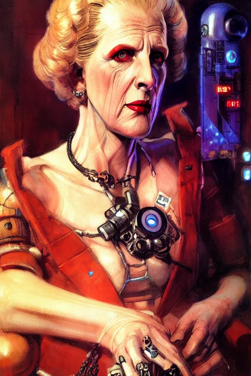 Image similar to cyberpunk margaret thatcher, character design, painting by gaston bussiere, katsuya terada, frank frazetta, tom of finland, trending on artstation