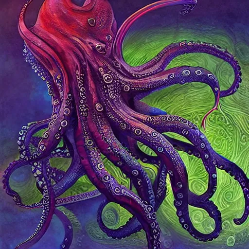 Image similar to depicting an octopus, in the style of h. p. lovecraft, exuberant organic elegant forms, by karol bak and filip hodas : : 1. 4 purple, red, blue, green, black intricate mandala explosions : : intuit art : : turbulent water backdrop : : damask wallpaper : : atmospheric