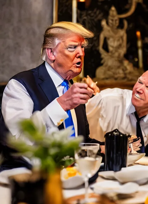 Image similar to Trump and Biden having dinner at a fancy Balinese restaurant, award winning photography, sigma 85mm Lens F/1.4, blurred background, perfect faces