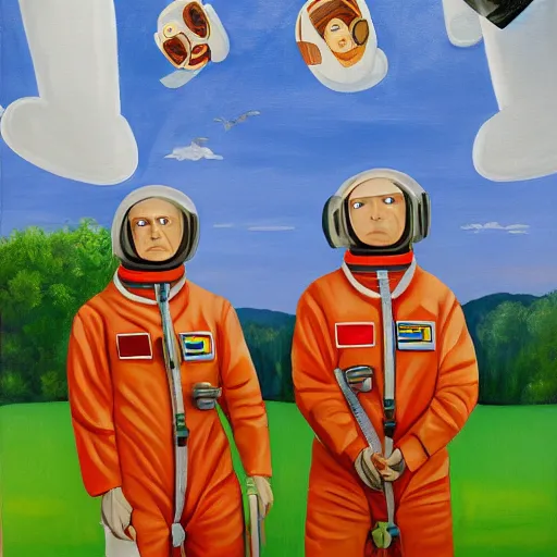 Image similar to the painting American Gothic, but with astronaut suits