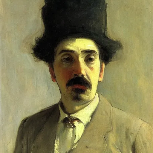 Image similar to detailing character concept portrait of clown by James McNeill Whistler, on simple background, oil painting, middle close up composition