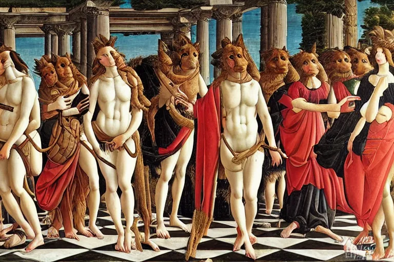 Prompt: furry convention in ancient greece, oil painting, painting by sandro botticelli, extremely detailed, classic art,