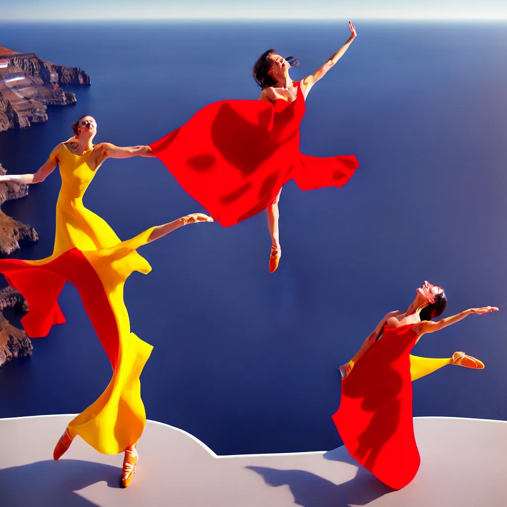 Image similar to beautiful modern dancer wearing a red and yellow and blue swirling dress, standing on a Santorini terrace looking at the ocean, cinematic, hyperrealistic, octane render, dynamic lighting