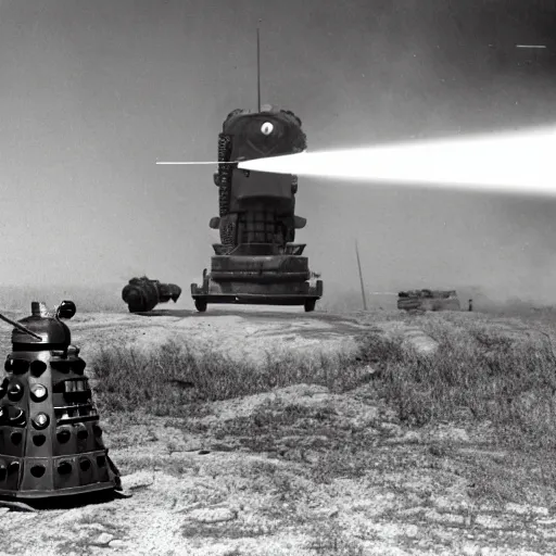 Image similar to a photograph of a dalek firing its laser at a soviet t - 3 4 tank, taken during 1 9 4 4