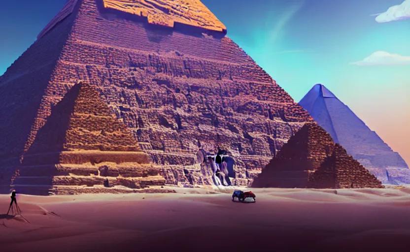 Image similar to highly detailed surreal vfx portrait building the pyramids in egypt, stephen bliss, unreal engine, greg rutkowski, loish, rhads, beeple, makoto shinkai and lois van baarle, ilya kuvshinov, rossdraws, tom bagshaw, global illumination, detailed and intricate environment