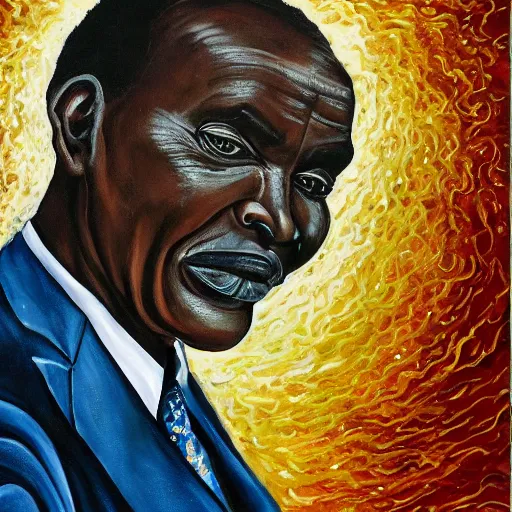 Prompt: a painting of a fatherly wide forehead, long nose, round face, XXL , loving, caring, generous, ever-present, humble, wise elder from Kenya in a suit by Wangechi Mutu . Fatherly/daddy, focused, loving, leader, relaxed,. ethereal lights, details, smooth, sharp focus, illustration, realistic, cinematic, artstation, award winning, rgb , unreal engine, octane render, cinematic light, macro, depth of field, blur, red light and clouds from the back, highly detailed epic cinematic concept art CG render made in Maya, Blender and Photoshop, octane render, excellent composition, dynamic dramatic cinematic lighting, aesthetic, very inspirational, arthouse.