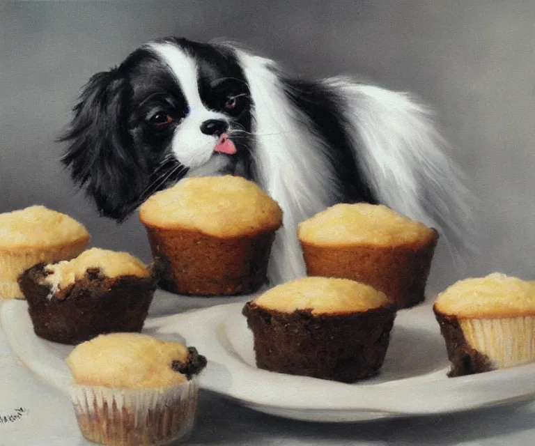 Image similar to white and black japanese chin dog eating cherry muffins, oil painting