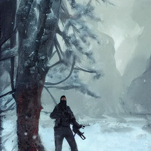 Prompt: a man holding a gun in snow in a couple of trees surrounding the man head view by greg rutkowski