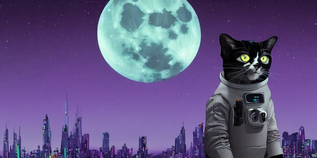 Image similar to A cat in sifi spacesuit looking down on Gotham city, purple night, giant moon in sky, hyperdetailed, dynamic scene, comics