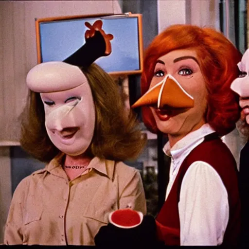 Prompt: 1972 woman on tv show with a long prosthetic snout nose, big nostrils, wearing overalls in the city 1972 color archival footage color film 16mm Fellini Almodovar John Waters Russ Meyer with hand puppet