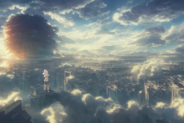 Image similar to ultra realistic city floating on clouds, colors, 8 k, hd, details, fantasy, epic, ancient city, illustration concept art anime key visual trending pixiv fanbox by wlop and greg rutkowski and makoto shinkai and studio ghibli and kyoto animation symmetrical facial features