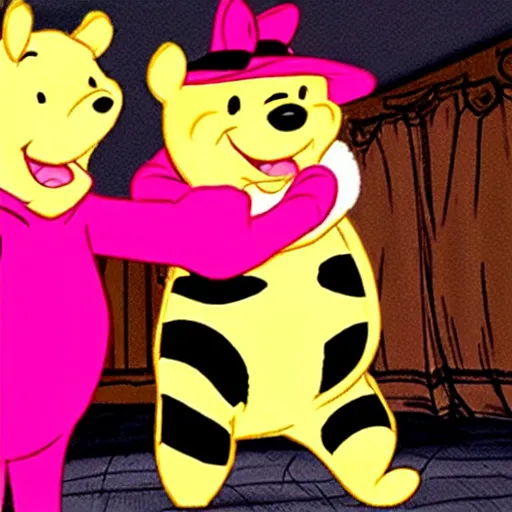 Image similar to Winnie the Pooh and Pink Panther in a strip club