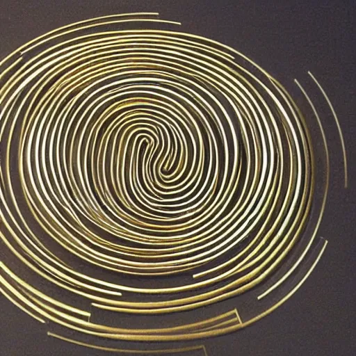 Image similar to 5 concentric arcs made out of gold arranged in a spiral