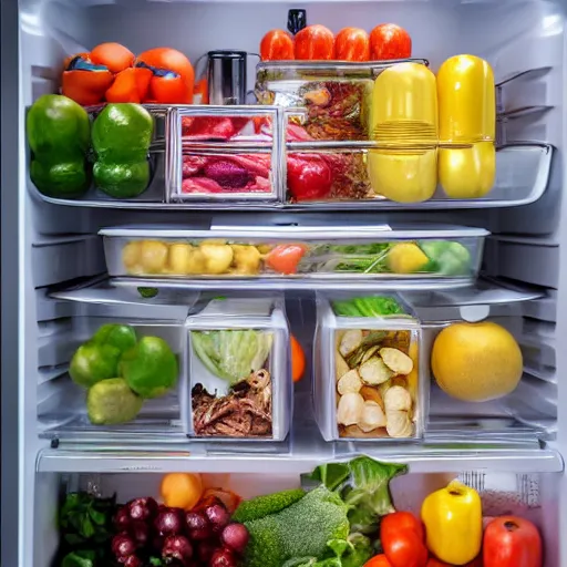 Prompt: cross - section of a refrigerator interior stuffed with leftovers, highly detailed