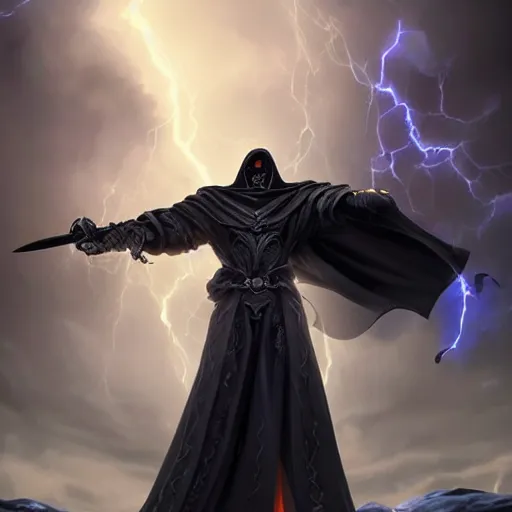 Image similar to A powerful handsome broad shouldered necromancer in black robes with blue eyes holding an exquisite sword standing at a distance. He gazes by the stormy sea and oozes extreme power and magic. Whole scene is powerful and magical and stunning to watch. Aesthetic!!!!!!, Unreal engine, 8k, trending on artstation, sharp focus, highly detailed, concept art, ultra HD, intricate, elegant, bright colors oil on canvas, by Ilya Repin