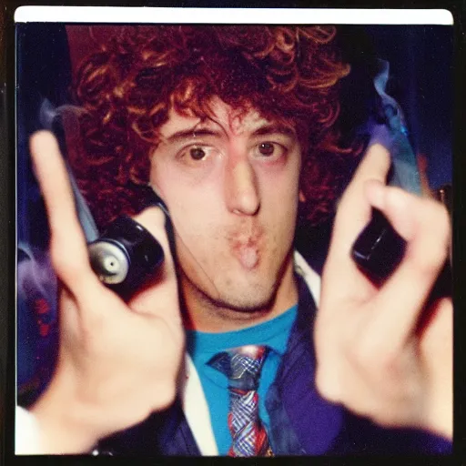 Prompt: Spike Spiegel vaping at a party, 90s polaroid