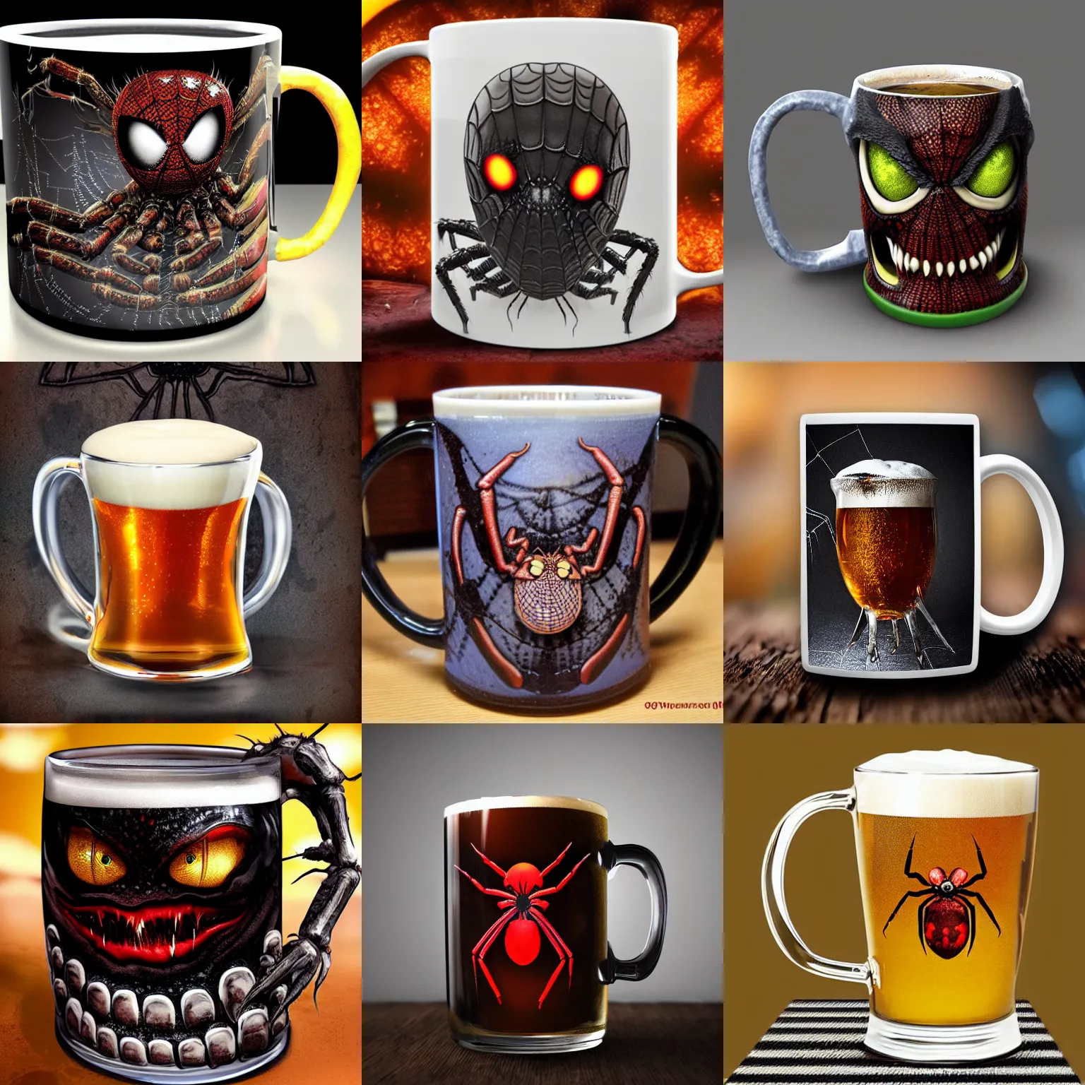 Prompt: mug of spider beer, horror scene, detailed, photorealistic