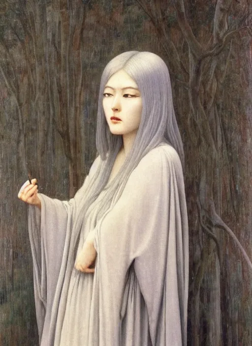 Image similar to thin young beautiful girl with silver hair, pale!, wearing robes, wearing hair, goddess, pale smooth, young cute wan asian face, silver robes!!, oil on canvas by jean delville, 4 k resolution, aesthetic!,