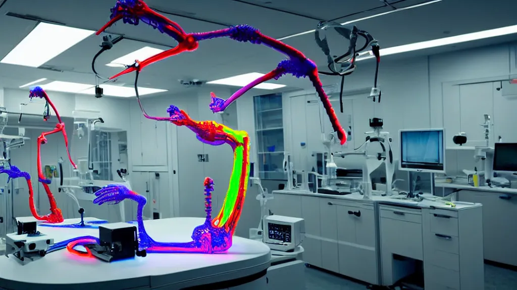 Prompt: a complex bifurcated surgical arm mri 3 d printer machine making colorful mutant forms with control panels in the laboratory inspection room, film still from the movie directed by denis villeneuve with art direction by salvador dali, wide lens