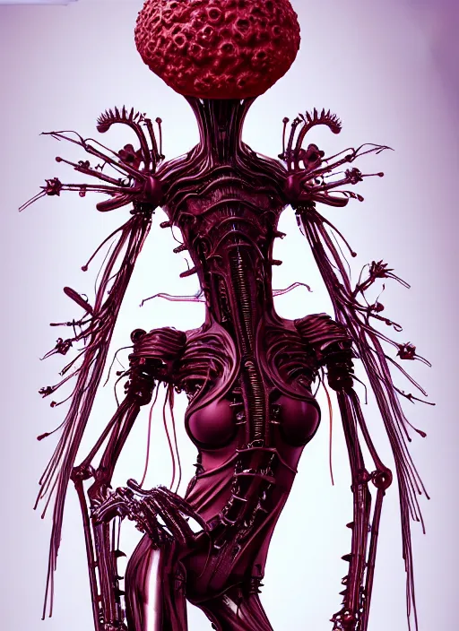 Image similar to gothic inflateble baroque puffy red dress, perfect symmetrical body, helmet on face, full body shot, alien, plant predator, guyver, giger, wires, tubes, veins, jellyfish, white biomechanical details, wearing epic bionic cyborg implants, masterpiece, intricate, biopunk, vogue, highly detailed, artstation, concept art