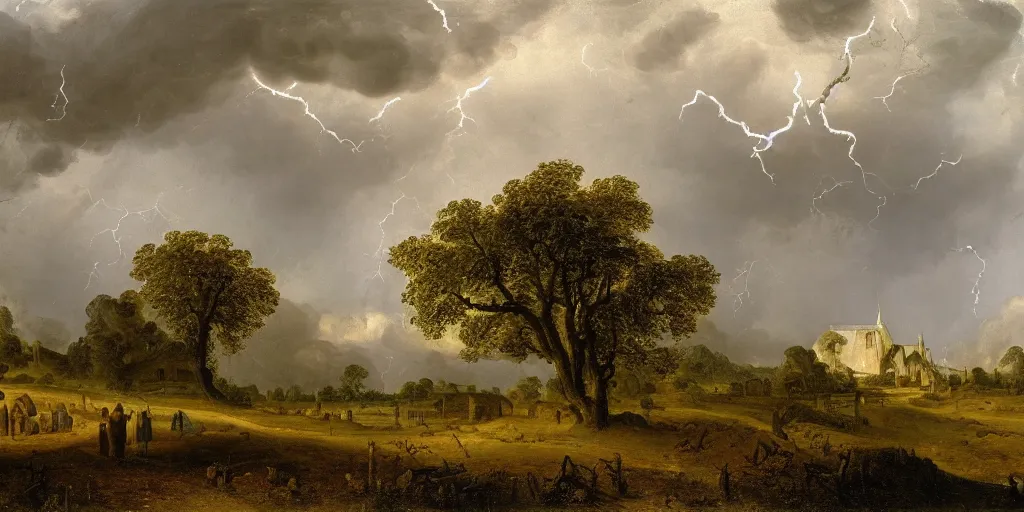 Prompt: a beautiful landscape painting of a giant tree next to a church in the fields, raining, storm clouds, lightning, by jan van goyen, oil on canvas, highly detailed, hd, 4 k