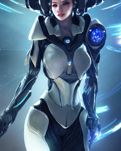 Image similar to perfect android girl on a mothership, warframe armor, beautiful face, scifi, futuristic, galaxy, nebula, bae suzy, dreamy, long white hair, blue cyborg eyes, sharp focus, cinematic lighting, highly detailed, artstation, divine, by gauthier leblanc, kazuya takahashi, huifeng huang